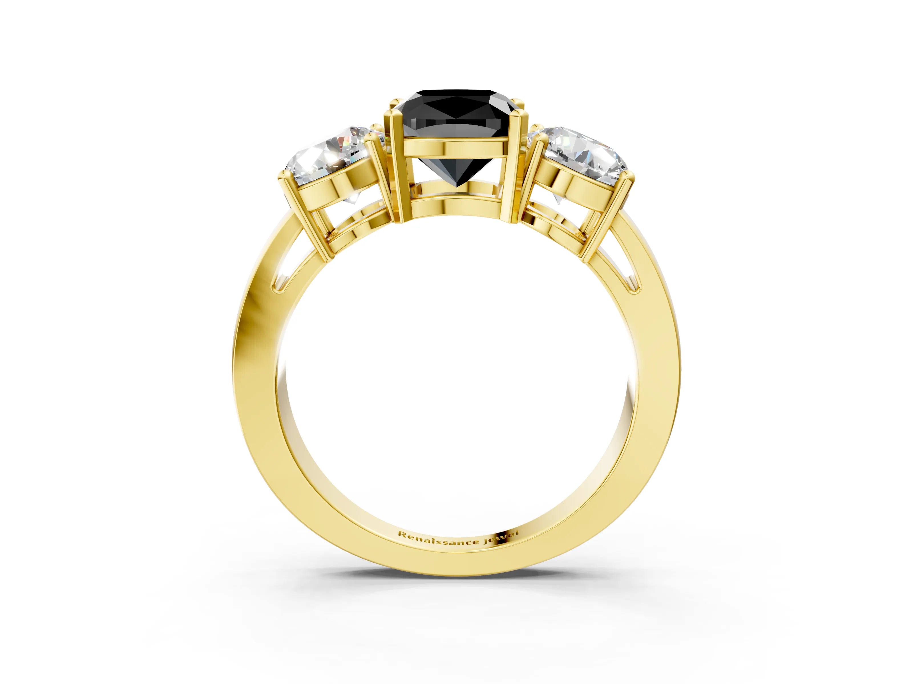 Yellow gold Three-Stone Fancy Black Cushion Cut Diamond Ring with Round Side Stones, Classic Band, and Four-Prong Setting_3