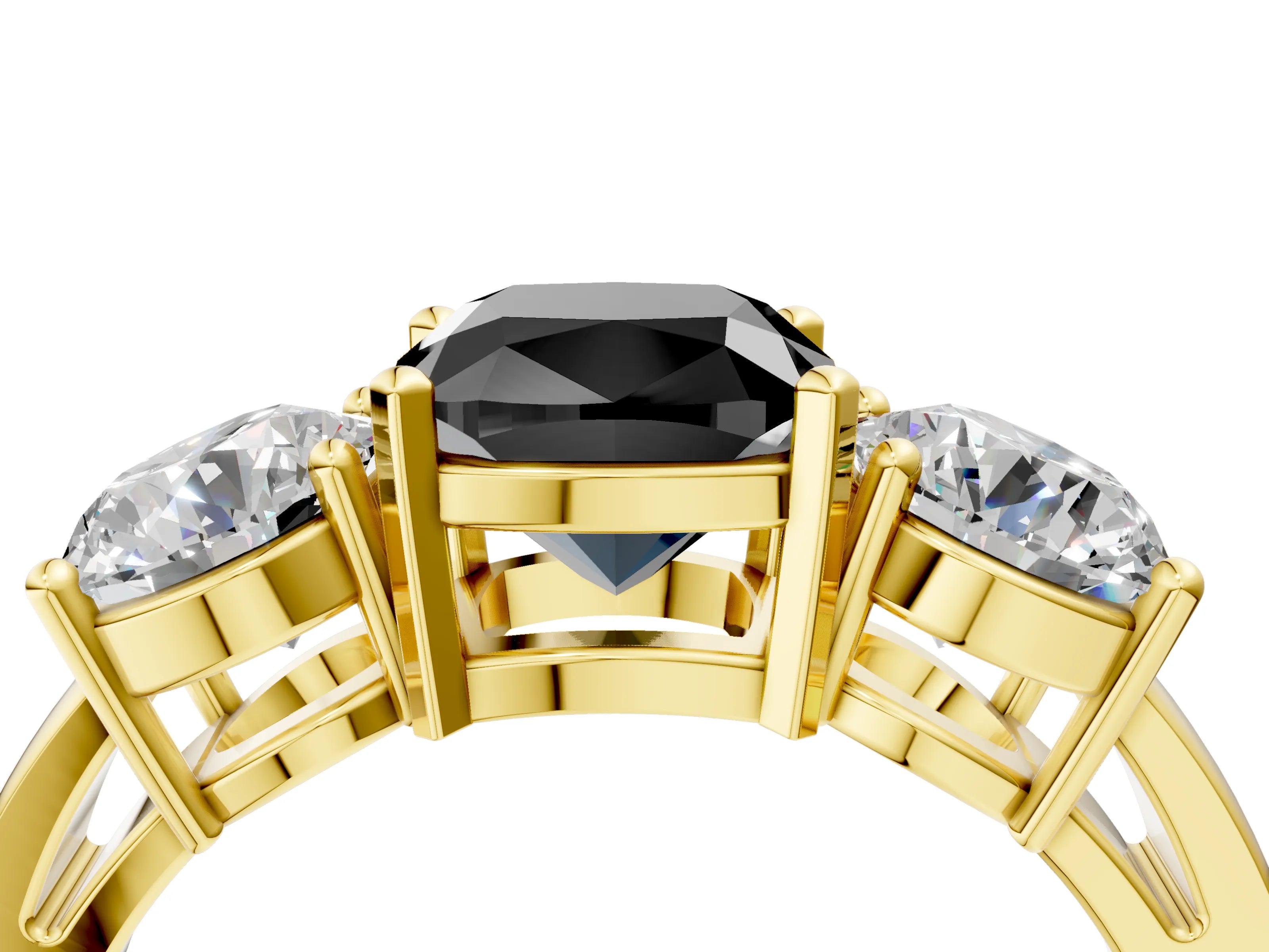 Yellow gold Three-Stone Fancy Black Cushion Cut Diamond Ring with Round Side Stones, Classic Band, and Four-Prong Setting_4