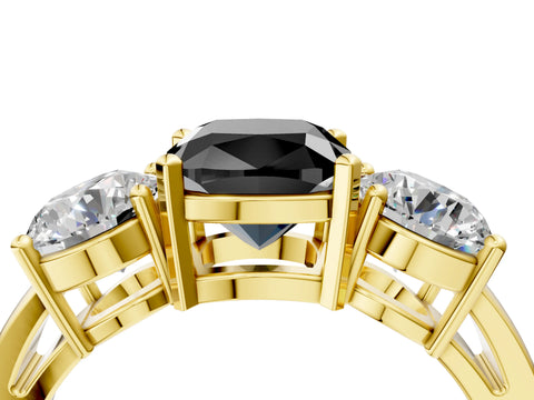 Yellow gold Three-Stone Fancy Black Cushion Cut Diamond Ring with Round Side Stones, Classic Band, and Four-Prong Setting_4