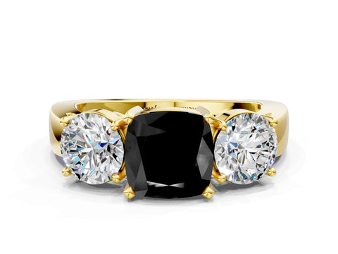 Yellow gold Three-Stone Fancy Black Cushion Cut Diamond Ring with Round Side Stones, Classic Band, and Four-Prong Setting