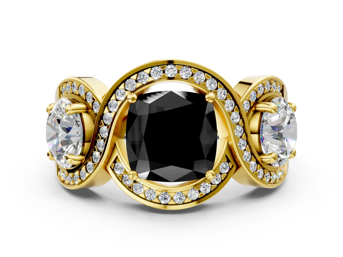 Yellow gold Three-Stone Fancy Black Cushion Cut Diamond Wave Pave Band with Prong Setting