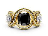 Yellow gold Three-Stone Fancy Black Cushion Cut Diamond Wave Pave Band with Prong Setting