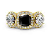 Yellow gold Three-Stone Fancy Black Cushion Cut Halo Diamond Milgrain Band with Four-Prong Setting