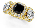 Yellow gold Three-Stone Fancy Black Cushion Cut Halo Diamond Milgrain Band with Four-Prong Setting_1