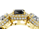 Yellow gold Three-Stone Fancy Black Cushion Cut Halo Diamond Milgrain Band with Four-Prong Setting_4