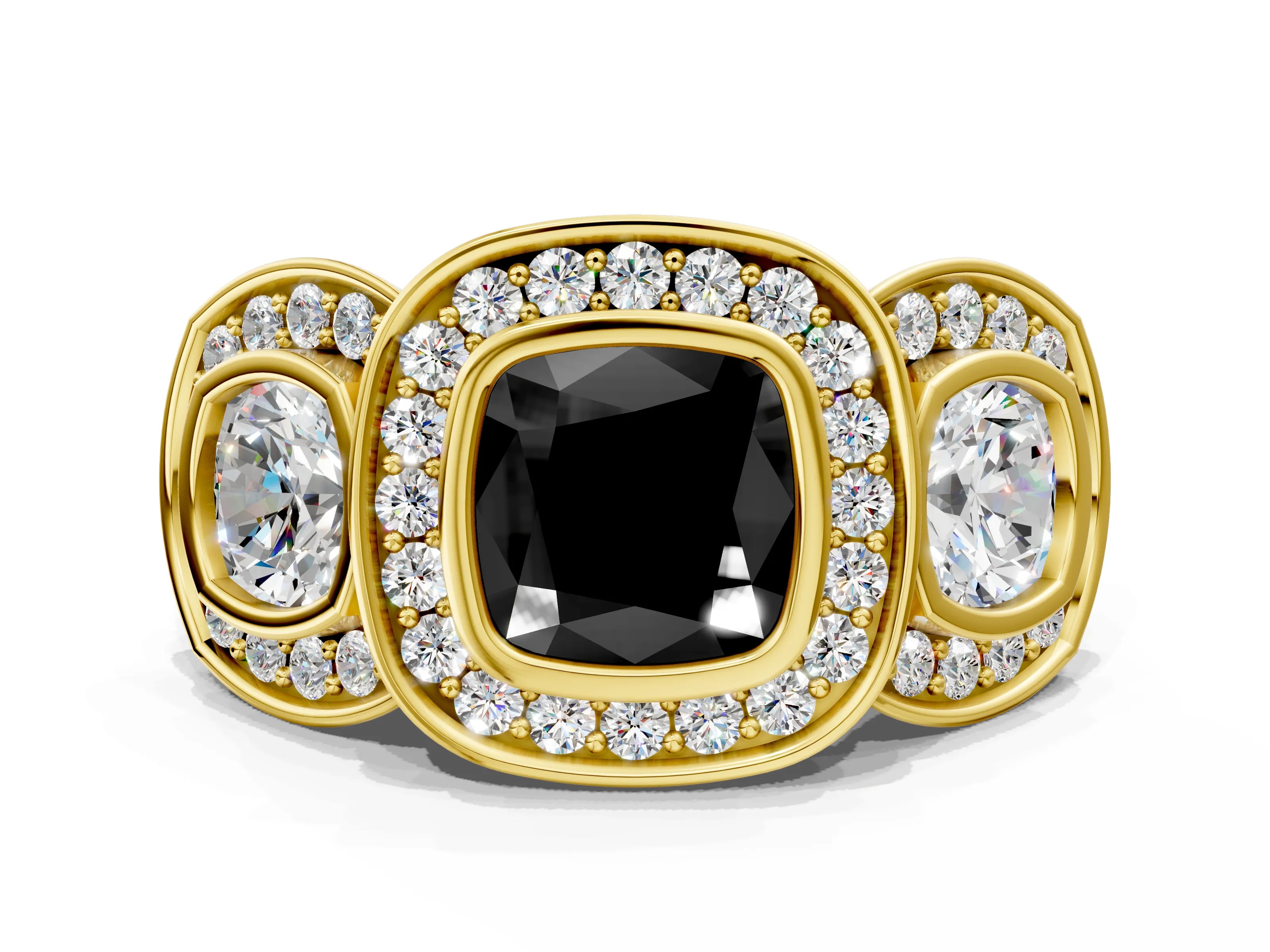 Yellow gold Three-Stone Fancy Black Cushion Cut Halo Pavé Diamond Ring