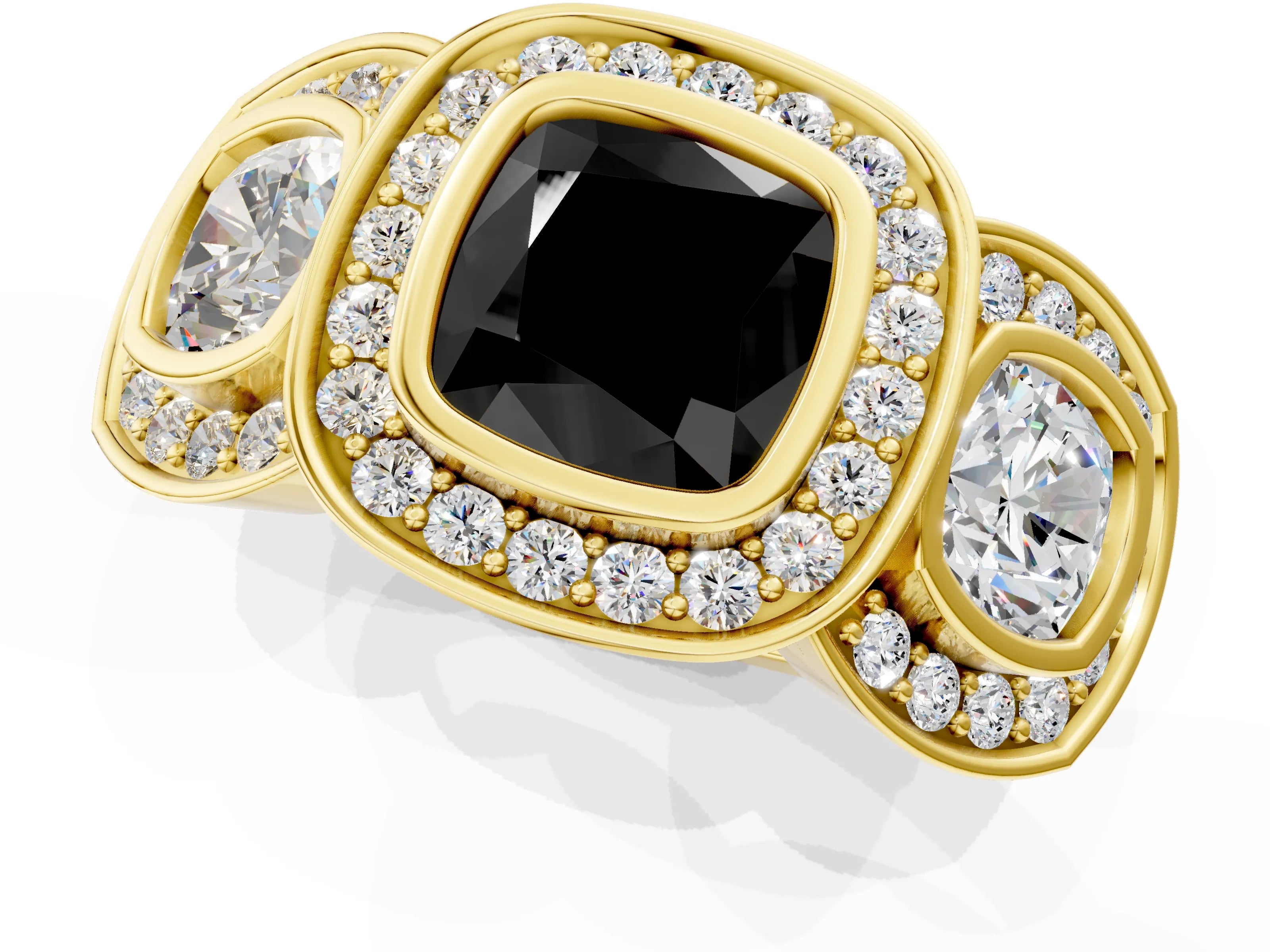 Yellow gold Three-Stone Fancy Black Cushion Cut Halo Pavé Diamond Ring_1