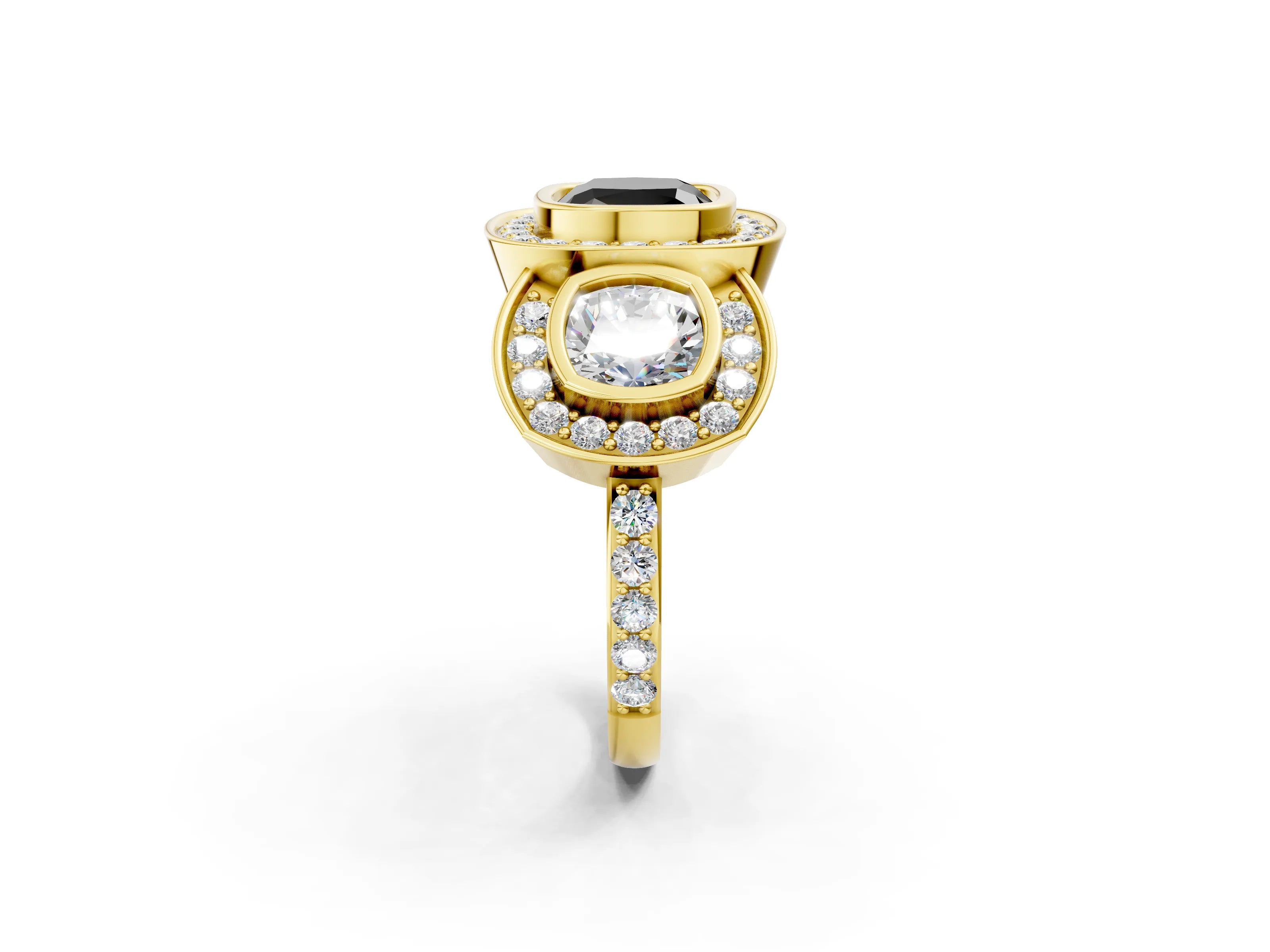 Yellow gold Three-Stone Fancy Black Cushion Cut Halo Pavé Diamond Ring_2