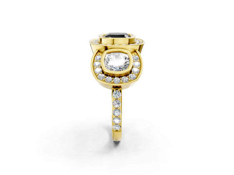 Yellow gold Three-Stone Fancy Black Cushion Cut Halo Pavé Diamond Ring_2
