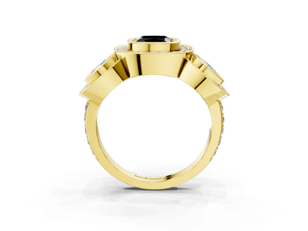 Yellow Gold Cushion Cut Bezel Three Stone Halo Engagement Ring Setting for Black Center