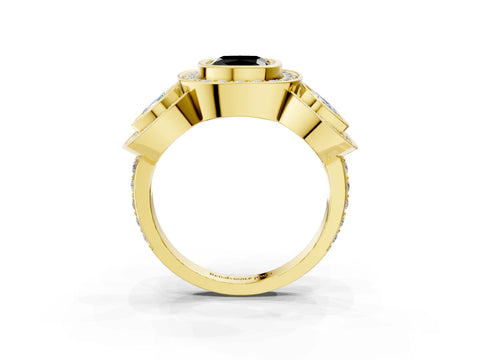 Yellow gold Three-Stone Fancy Black Cushion Cut Halo Pavé Diamond Ring_3