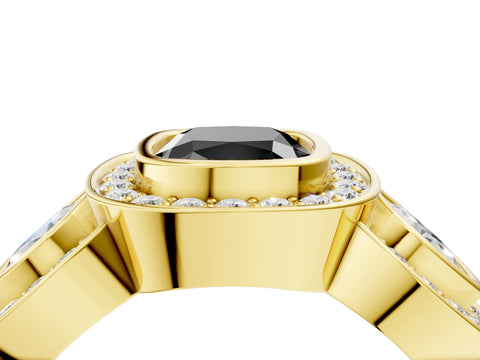 Yellow gold Three-Stone Fancy Black Cushion Cut Halo Pavé Diamond Ring_4