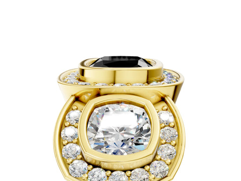 Yellow gold Three-Stone Fancy Black Cushion Cut Halo Pavé Diamond Ring_5