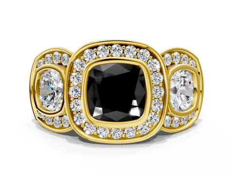 Yellow gold Three-Stone Fancy Black Cushion Cut Halo Pavé Diamond Ring