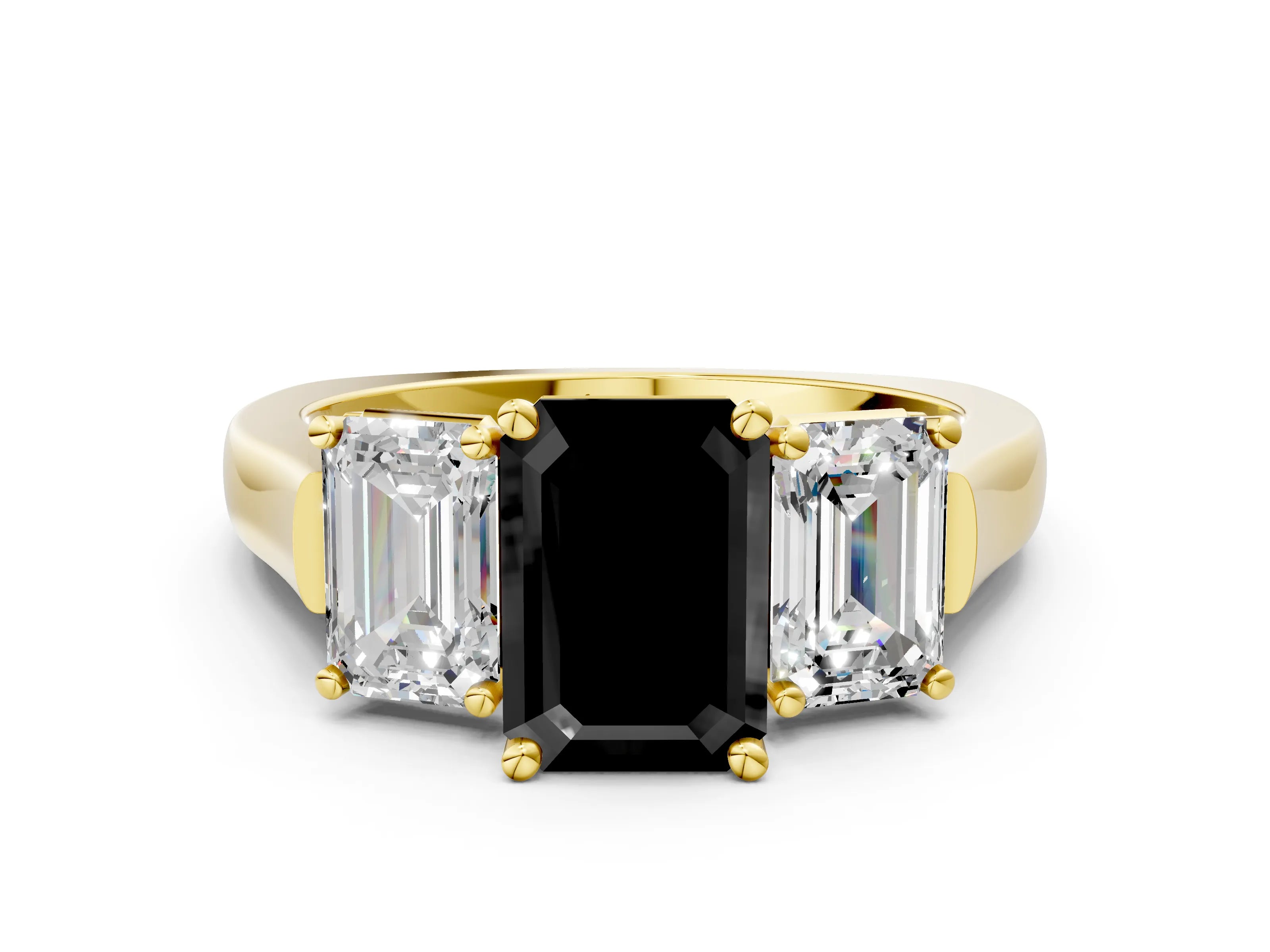 Yellow gold Three-Stone Fancy Black Emerald Cut Brilliant Diamond Trellis Ring with Comfort Fit Band