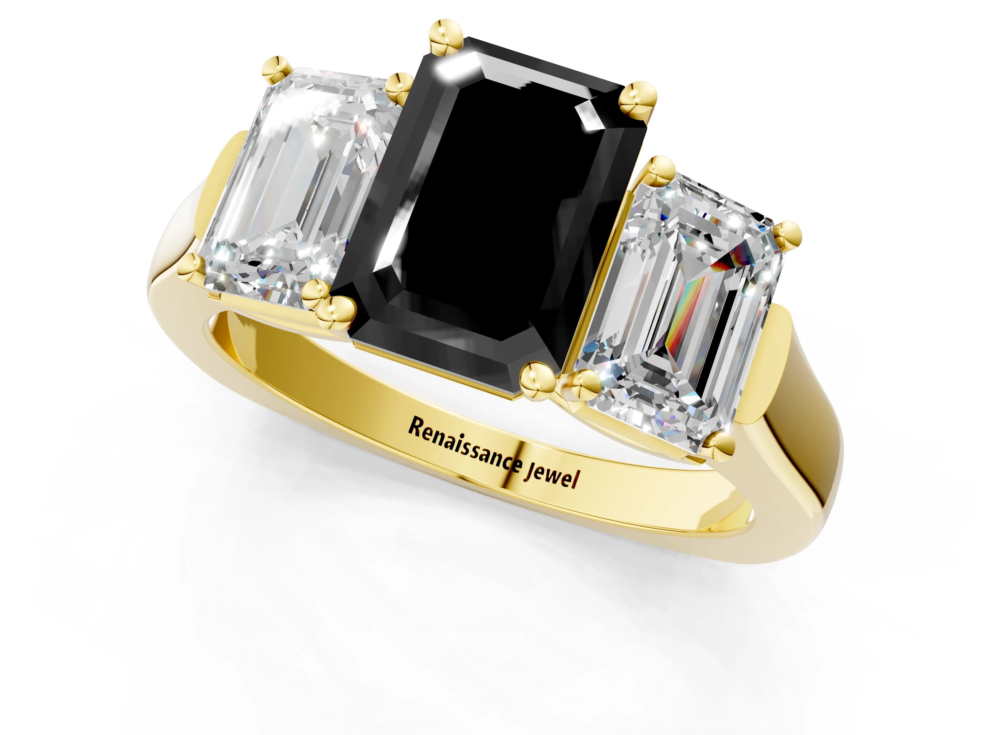 Yellow gold Three-Stone Fancy Black Emerald Cut Brilliant Diamond Trellis Ring with Comfort Fit Band_1