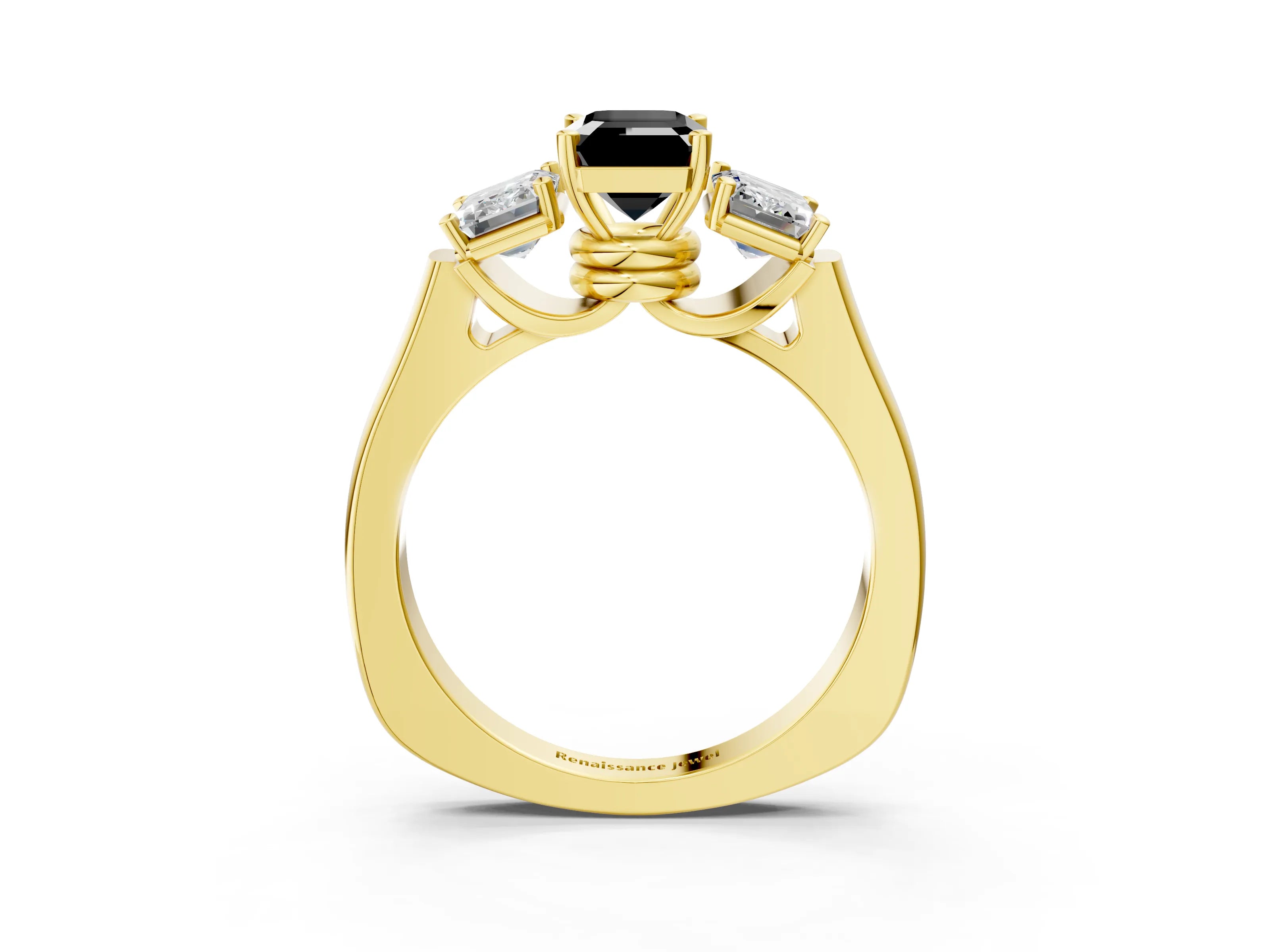 Yellow gold Three-Stone Fancy Black Emerald Cut Brilliant Diamond Trellis Ring with Comfort Fit Band_3
