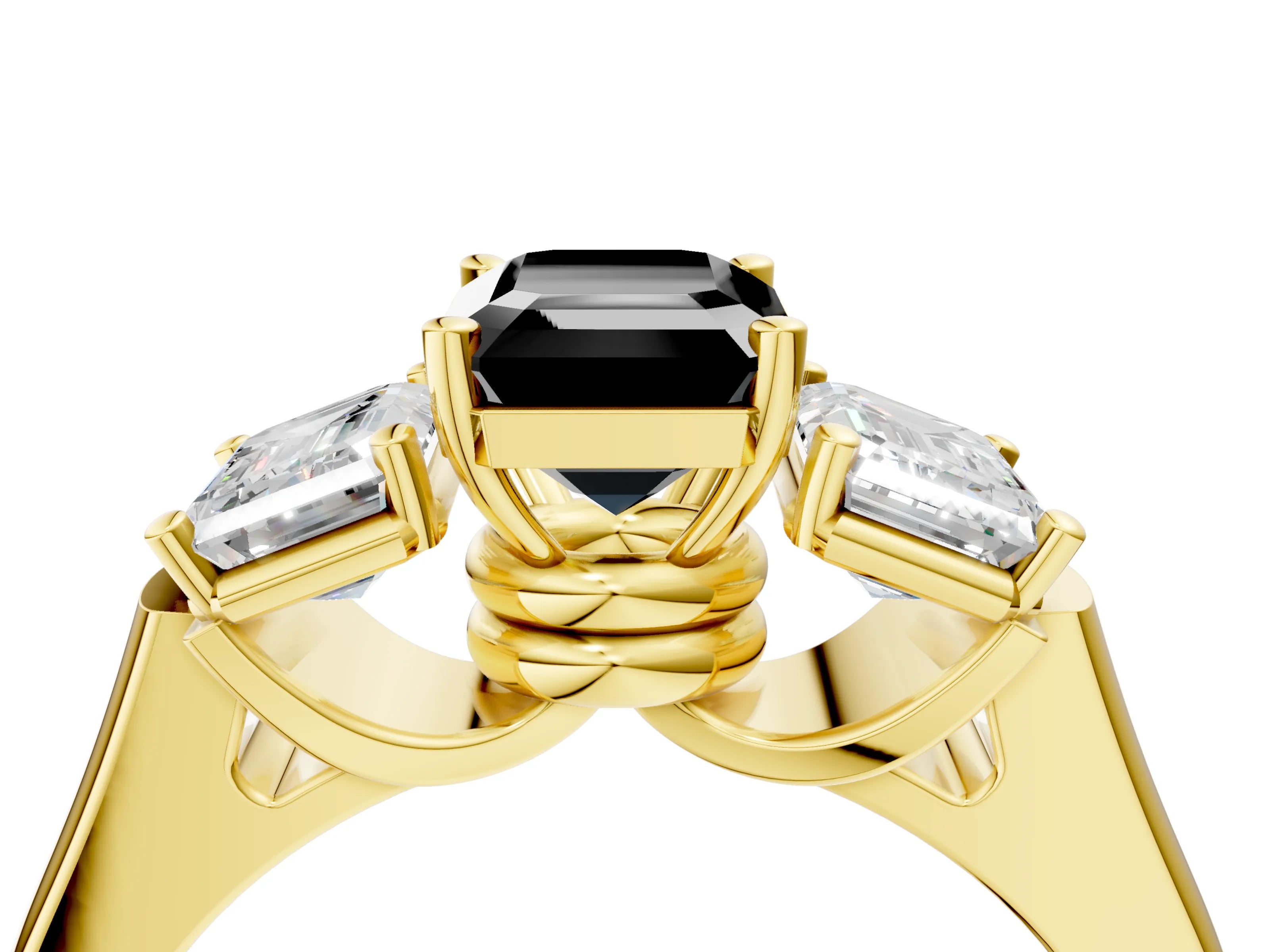 Yellow gold Three-Stone Fancy Black Emerald Cut Brilliant Diamond Trellis Ring with Comfort Fit Band_4