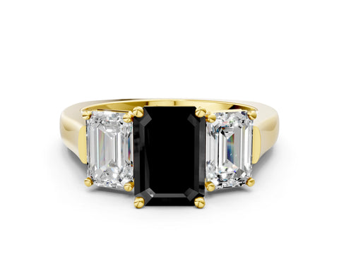 Yellow gold Three-Stone Fancy Black Emerald Cut Brilliant Diamond Trellis Ring with Comfort Fit Band