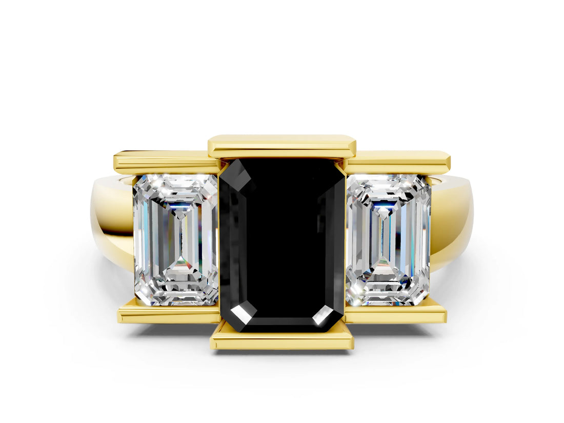 Yellow gold Three Stone Fancy Black Emerald Cut Cut Channel Set Diamond Ring