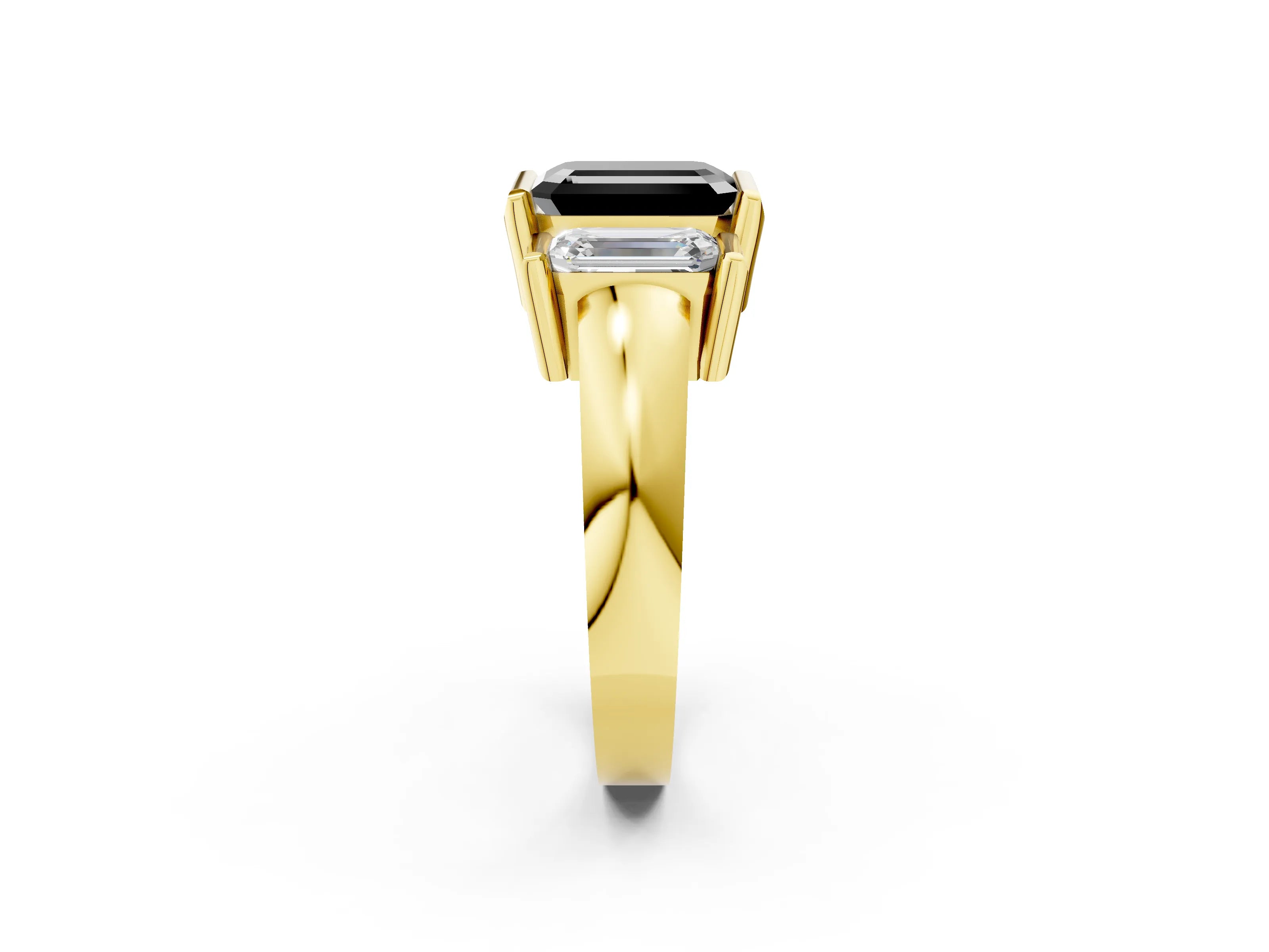 Yellow gold Three Stone Fancy Black Emerald Cut Cut Channel Set Diamond Ring_2