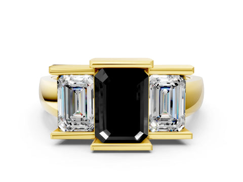 Yellow gold Three Stone Fancy Black Emerald Cut Cut Channel Set Diamond Ring