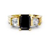 Yellow gold Three-Stone Fancy Black Emerald Cut Cut Classic Band Prong Setting Ring