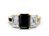 Yellow gold Three-Stone Fancy Black Emerald Cut Cut Diamond Engagement Ring with Flat Band and Four-Prong Setting