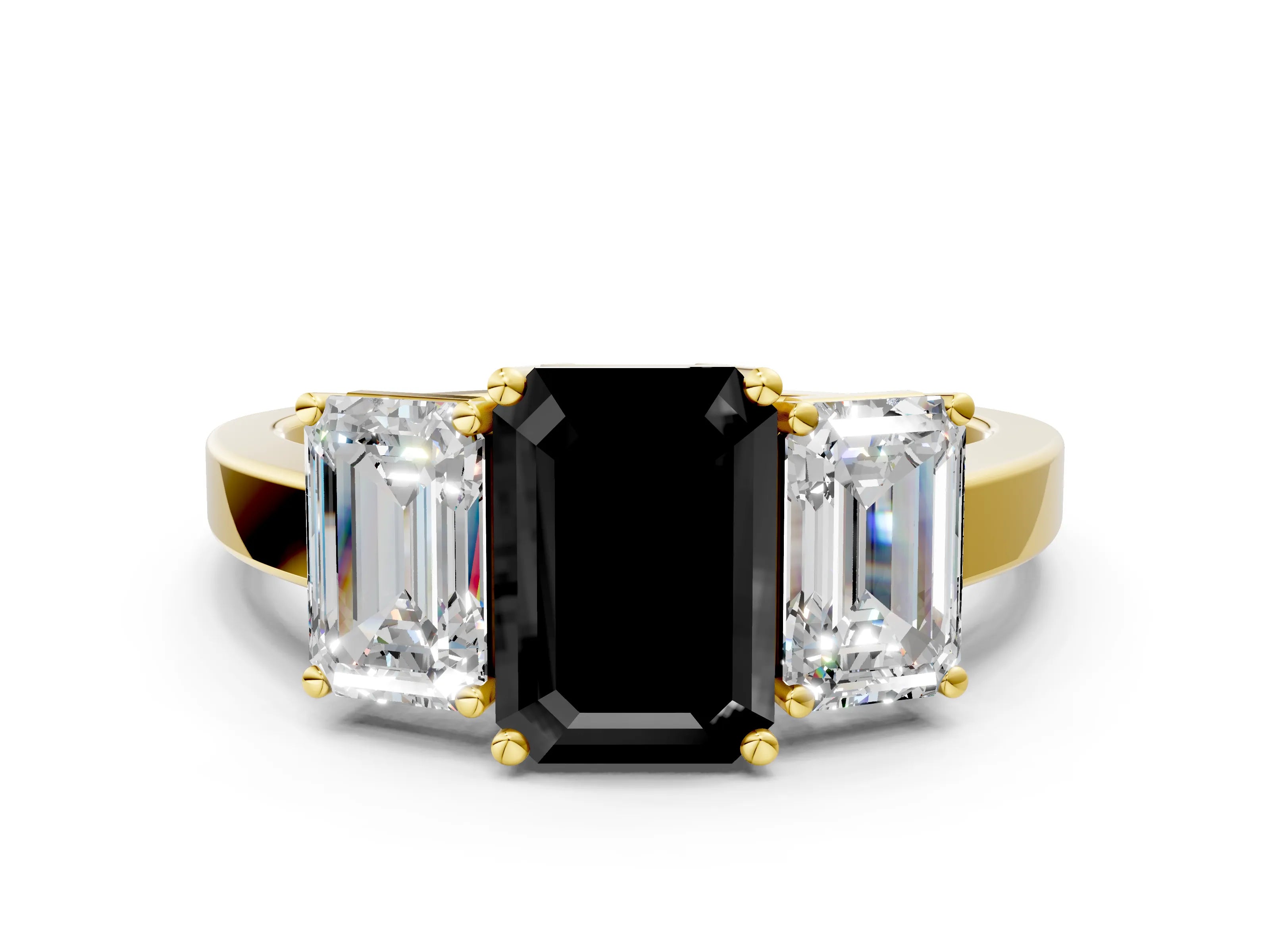 Yellow gold Three-Stone Fancy Black Emerald Cut Cut Diamond Engagement Ring with Flat Band and Four-Prong Setting_12