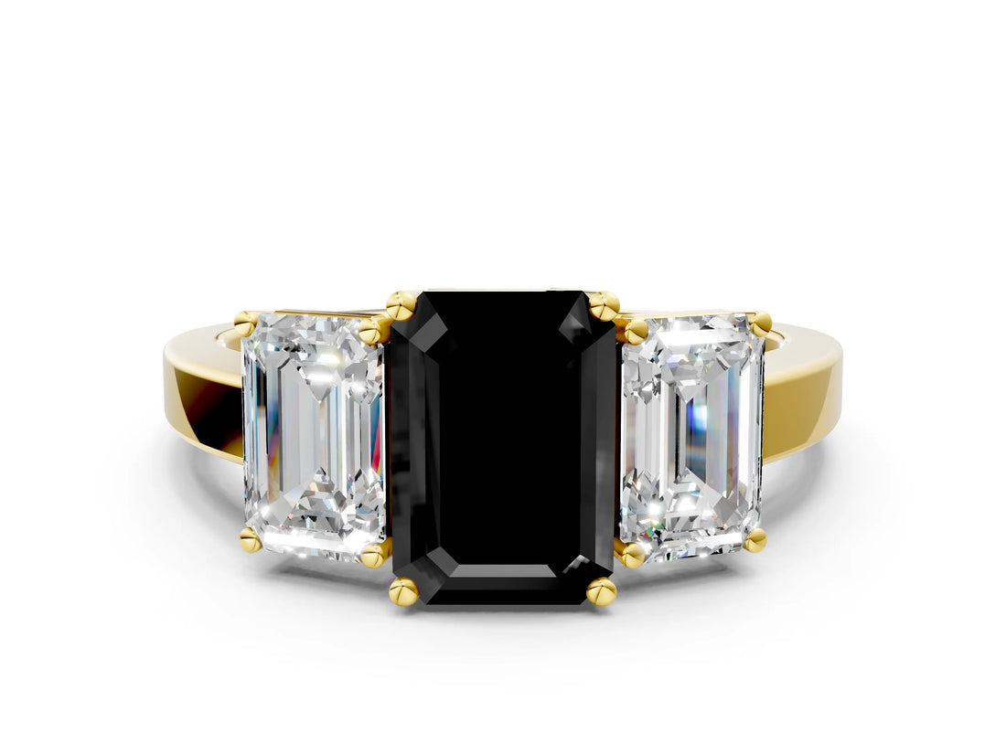 Yellow gold Three-Stone Fancy Black Emerald Cut Cut Diamond Engagement Ring with Flat Band and Four-Prong Setting_12