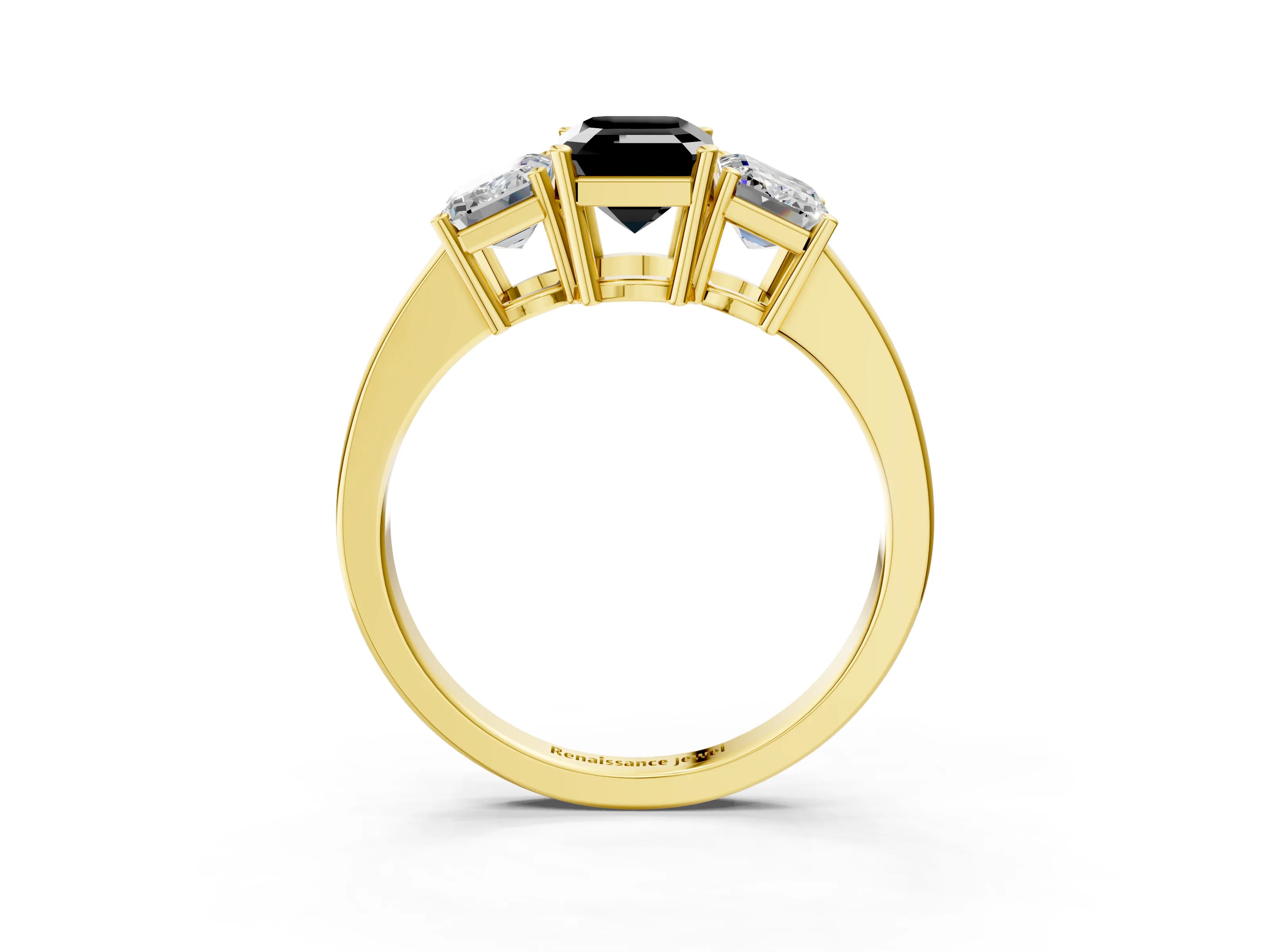 Yellow gold Three-Stone Fancy Black Emerald Cut Cut Diamond Engagement Ring with Flat Band and Four-Prong Setting_15