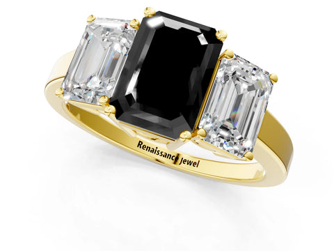 Yellow gold Three-Stone Fancy Black Emerald Cut Cut Diamond Engagement Ring with Flat Band and Four-Prong Setting_1