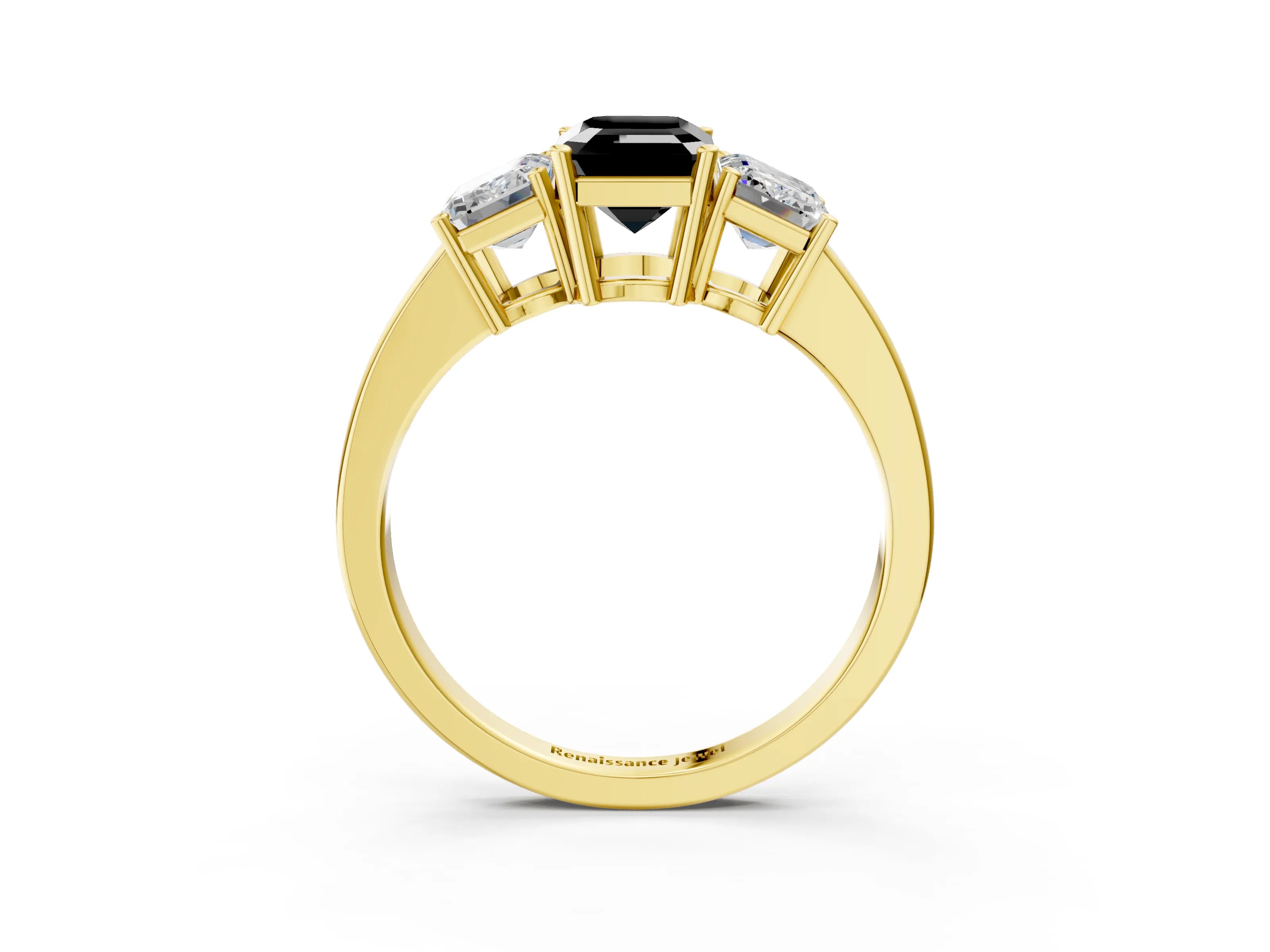 Yellow gold Three-Stone Fancy Black Emerald Cut Cut Diamond Engagement Ring with Flat Band and Four-Prong Setting_3