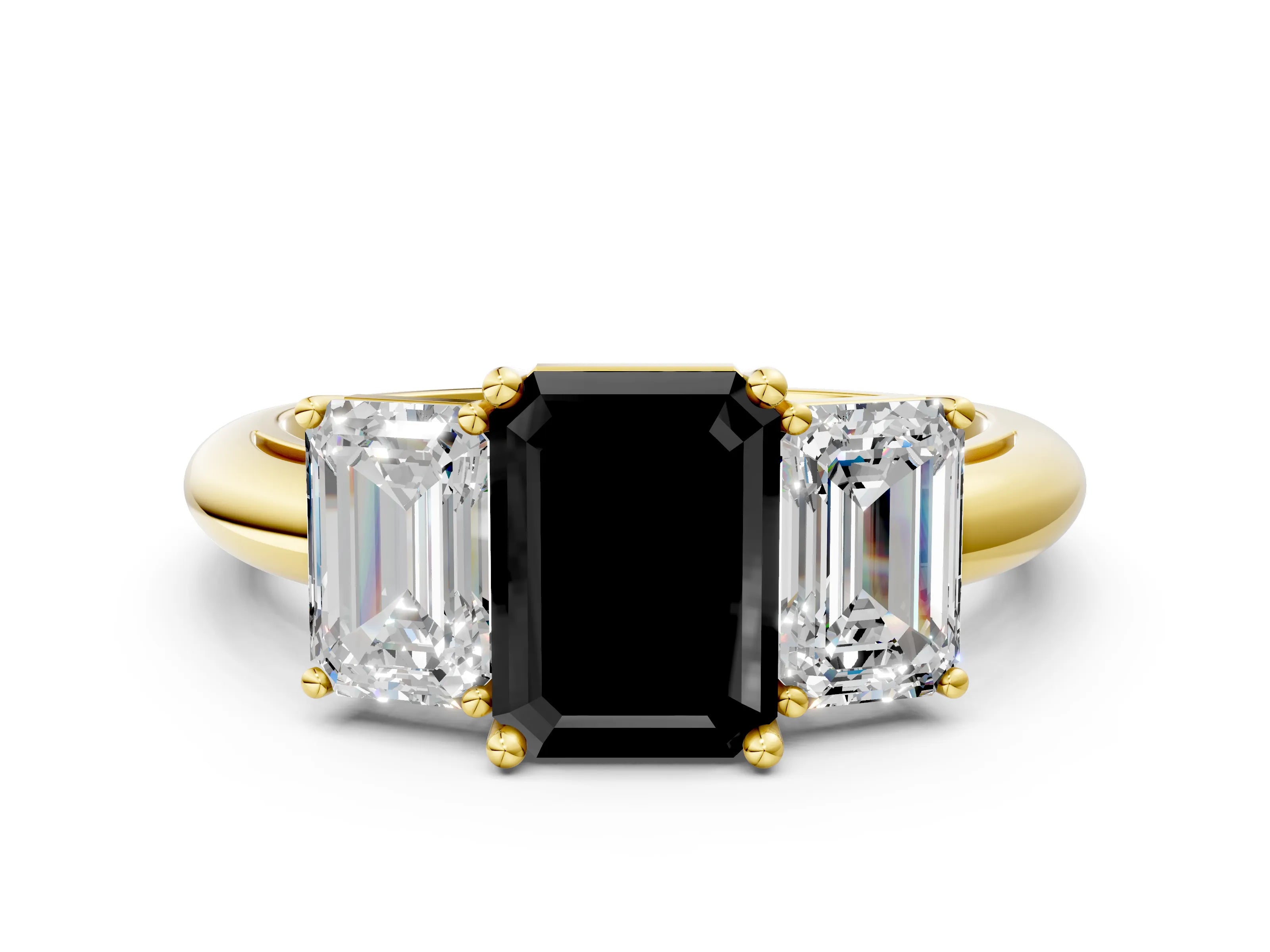 Yellow gold Three-Stone Fancy Black Emerald Cut Cut Diamond Engagement Ring with Prong Setting on a White Gold Band