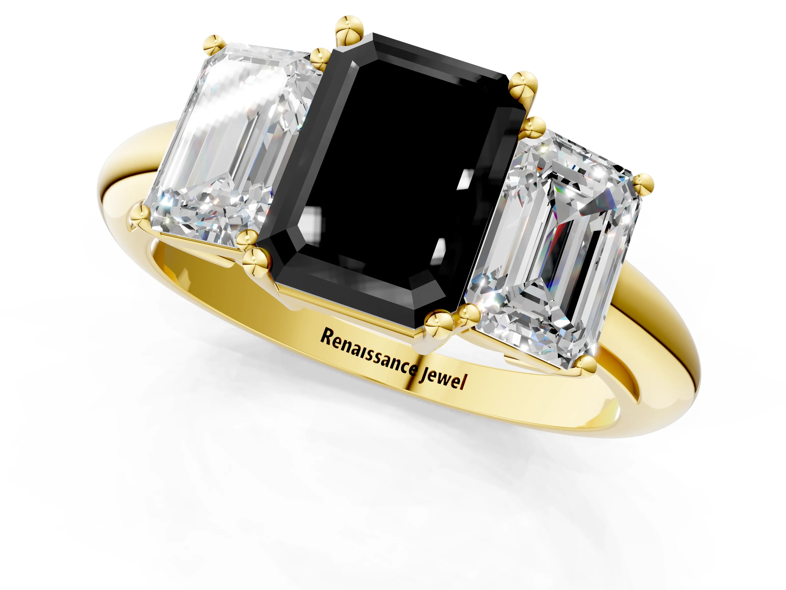 Yellow gold Three-Stone Fancy Black Emerald Cut Cut Diamond Engagement Ring with Prong Setting on a White Gold Band_1