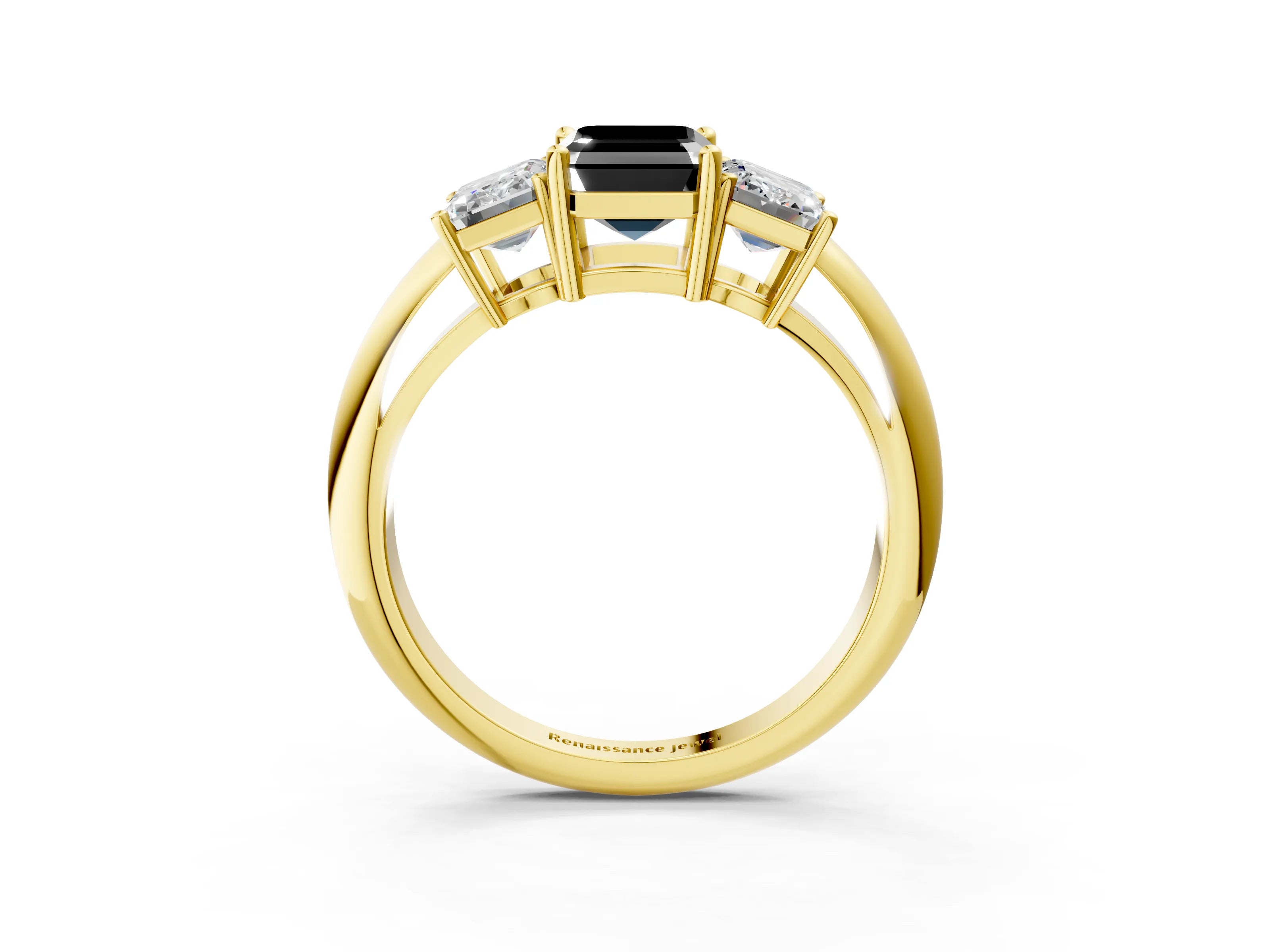 Yellow gold Three-Stone Fancy Black Emerald Cut Cut Diamond Engagement Ring with Prong Setting on a White Gold Band_3