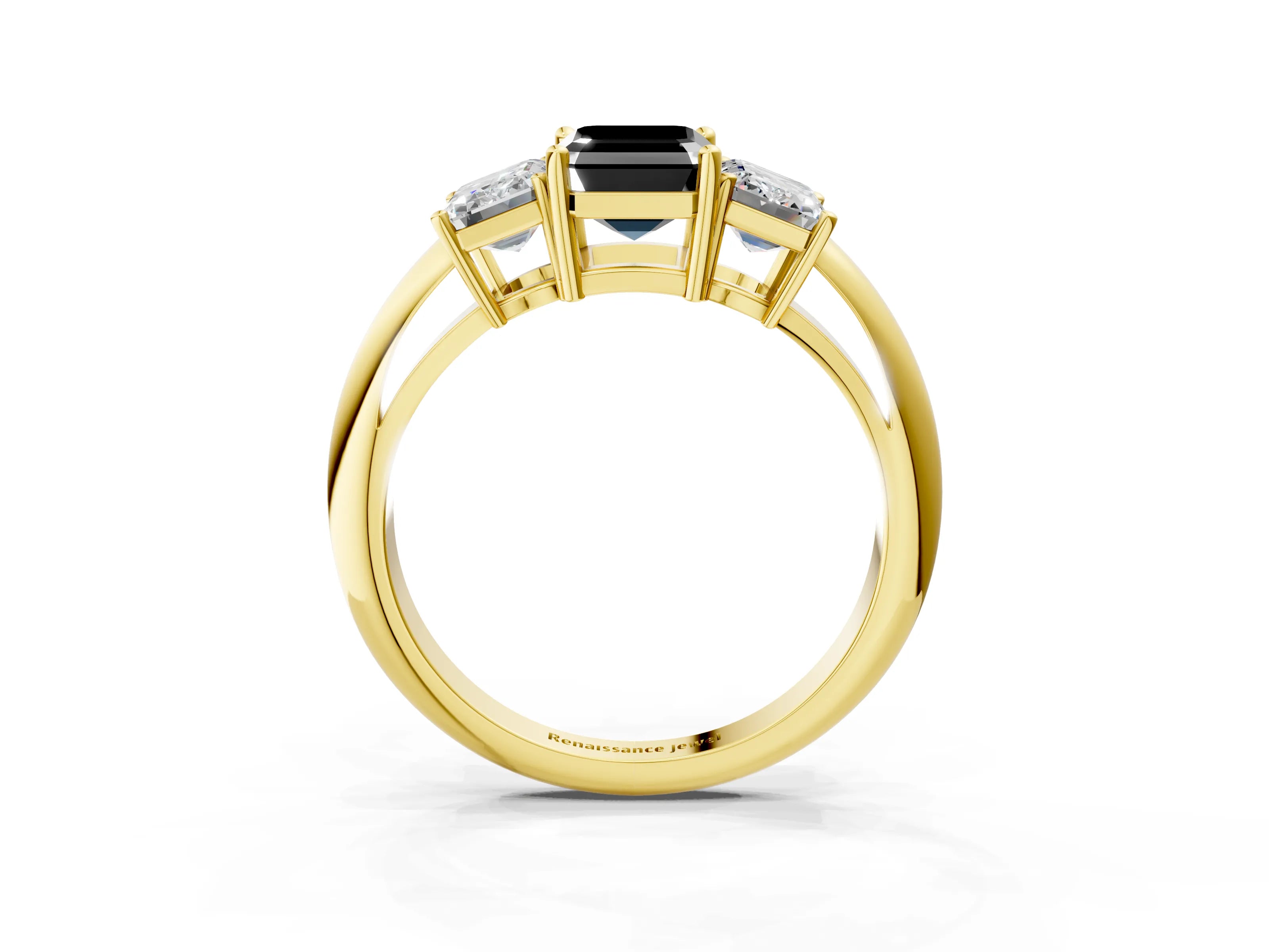 Yellow gold Three-Stone Fancy Black Emerald Cut Cut Diamond Engagement Ring with Prong Setting on a White Gold Band_39