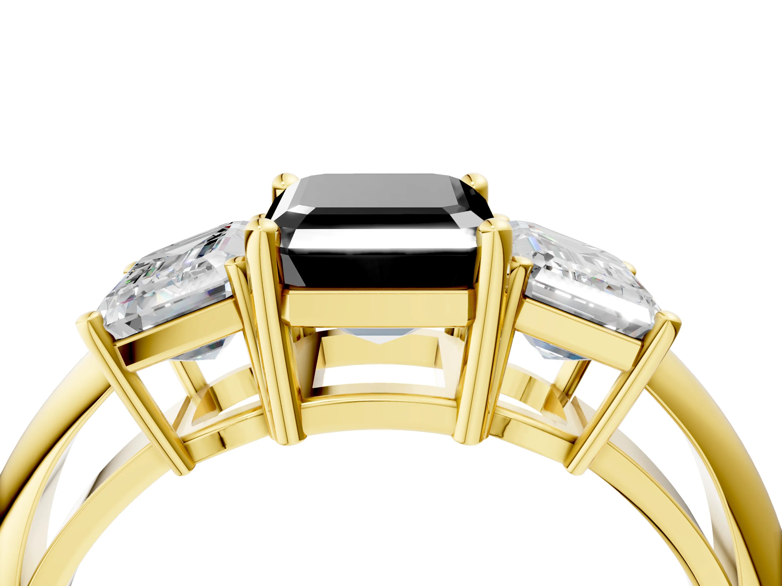 Yellow gold Three-Stone Fancy Black Emerald Cut Cut Diamond Engagement Ring with Prong Setting on a White Gold Band_4