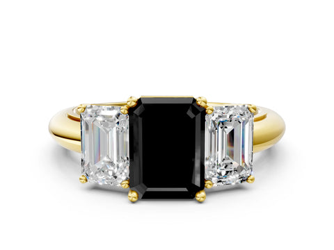 Yellow gold Three-Stone Fancy Black Emerald Cut Cut Diamond Engagement Ring with Prong Setting on a White Gold Band