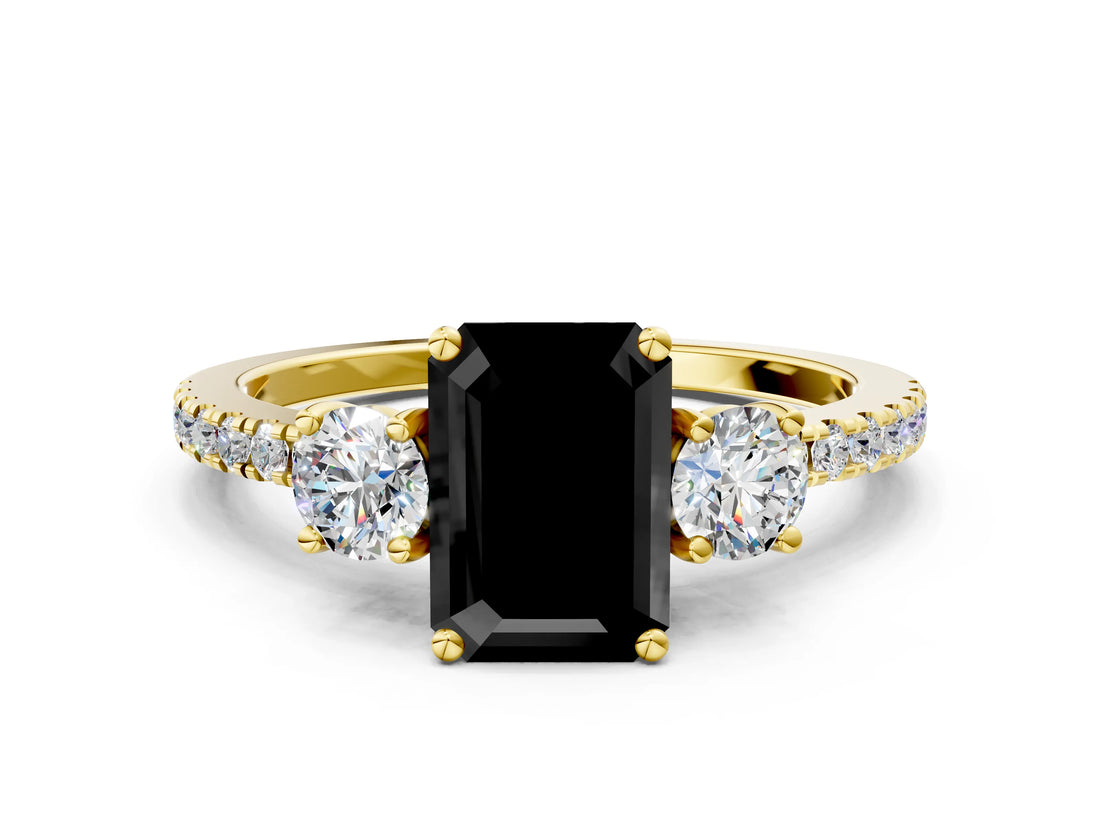 Yellow gold Three-Stone Fancy Black Emerald Cut Cut Diamond Pavé Band with Prong Setting_15