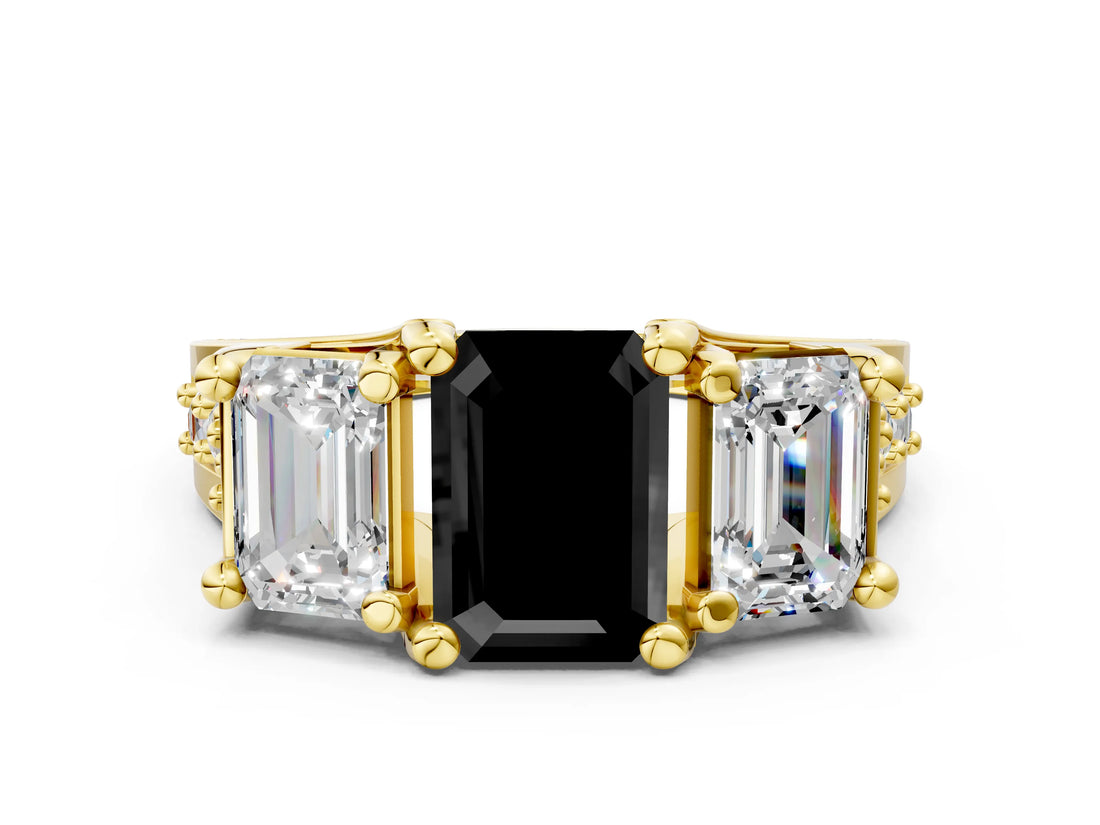 Yellow gold Three-Stone Fancy Black Emerald Cut Cut Diamond Ring with Channel-Set Band and Four-Prong Setting_12