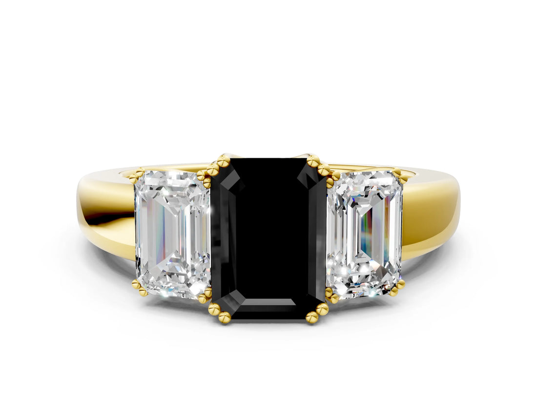 Yellow gold Three-Stone Fancy Black Emerald Cut Cut Diamond Ring with Channel Set Band and Four-Prong Setting_24