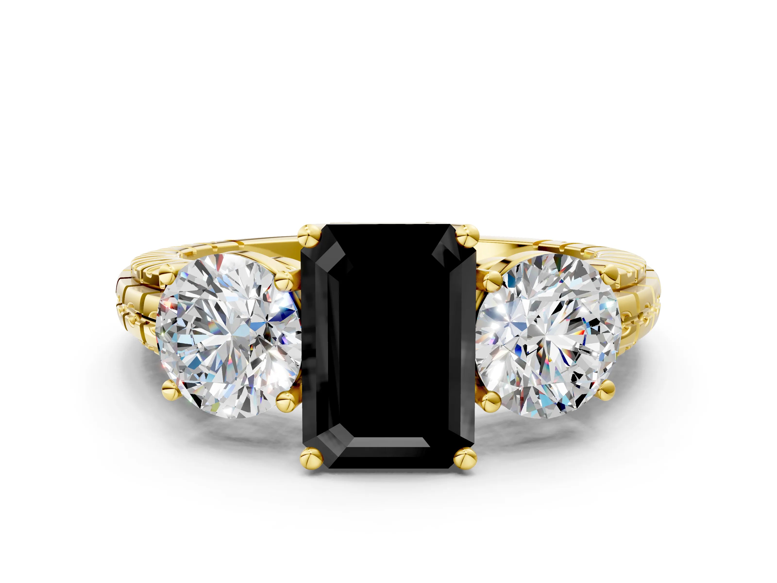Yellow gold Three-Stone Fancy Black Emerald Cut Cut Diamond Ring with Channel-Set Band and Prong Setting