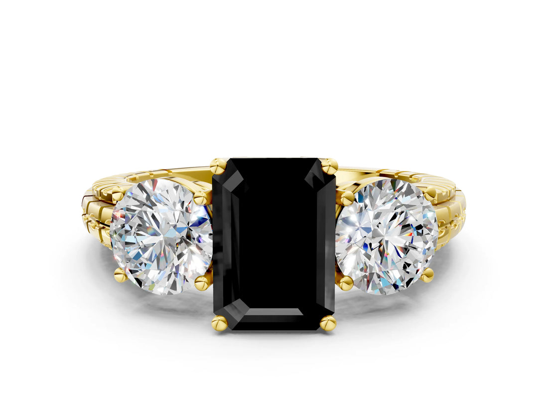 Yellow gold Three-Stone Fancy Black Emerald Cut Cut Diamond Ring with Channel-Set Band and Prong Setting