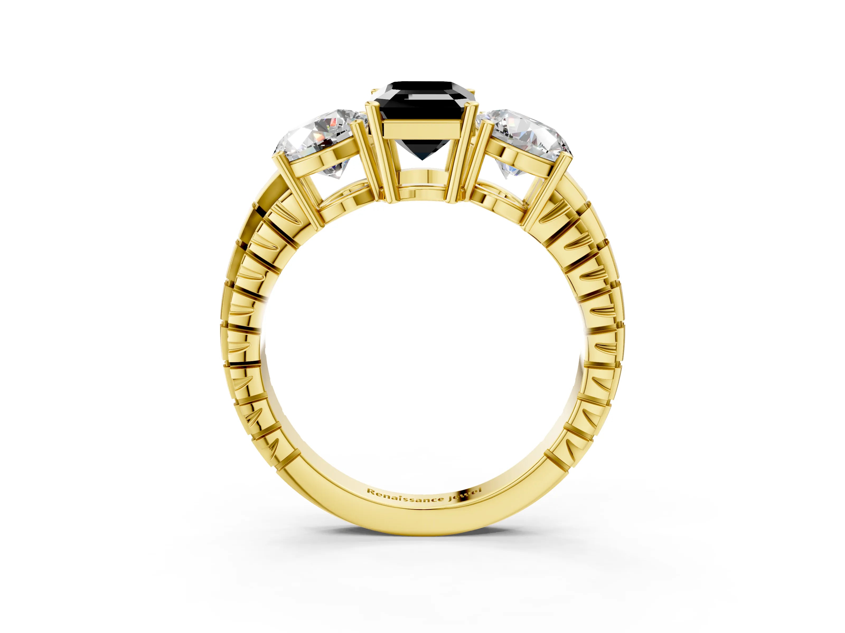 Yellow gold Three-Stone Fancy Black Emerald Cut Cut Diamond Ring with Channel-Set Band and Prong Setting_3