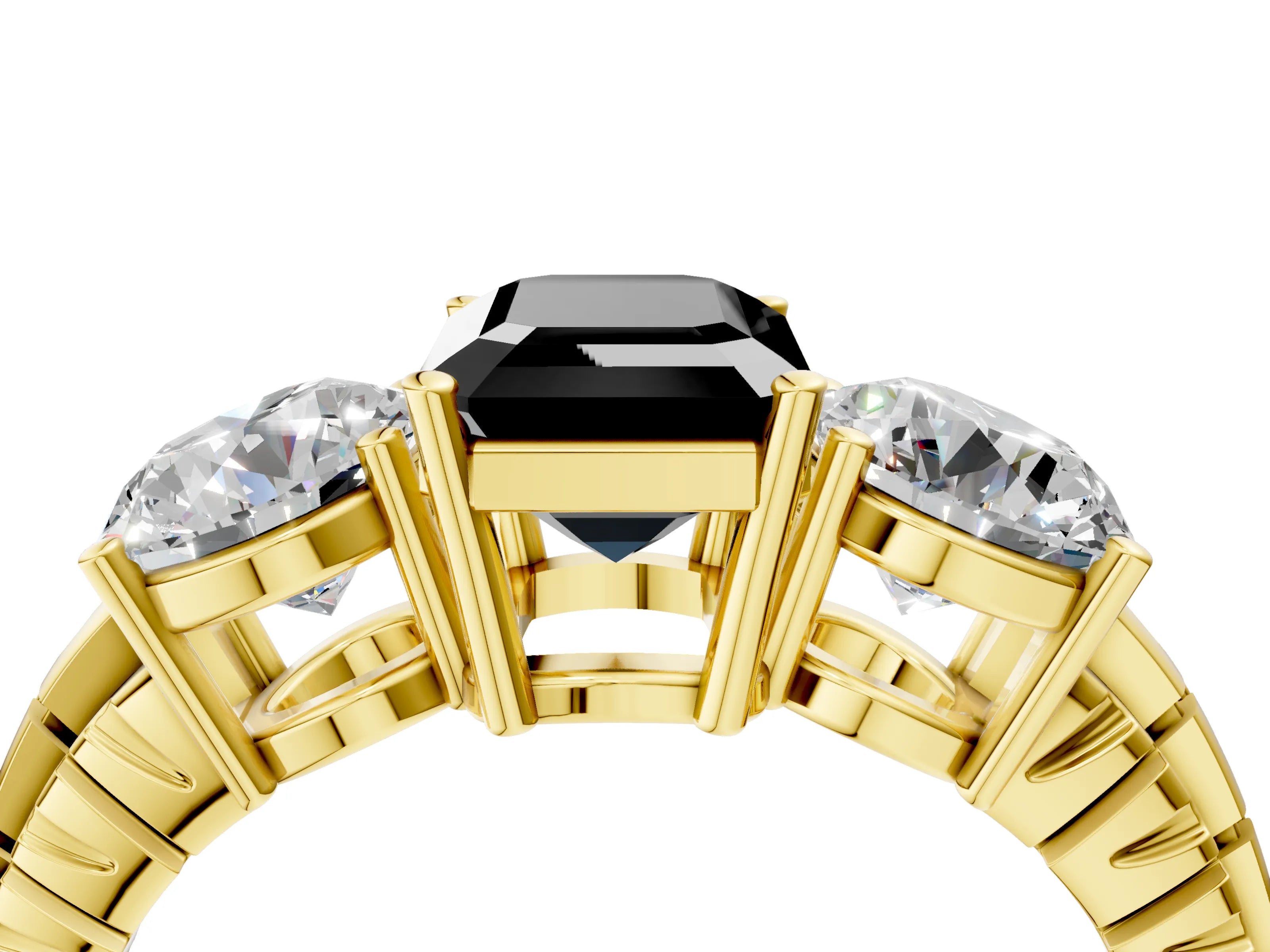 Yellow gold Three-Stone Fancy Black Emerald Cut Cut Diamond Ring with Channel-Set Band and Prong Setting_4