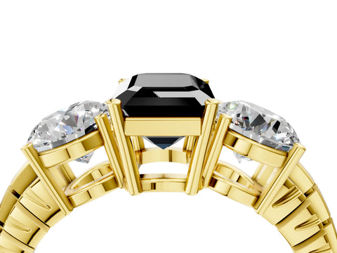 Yellow gold Three-Stone Fancy Black Emerald Cut Cut Diamond Ring with Channel-Set Band and Prong Setting_4