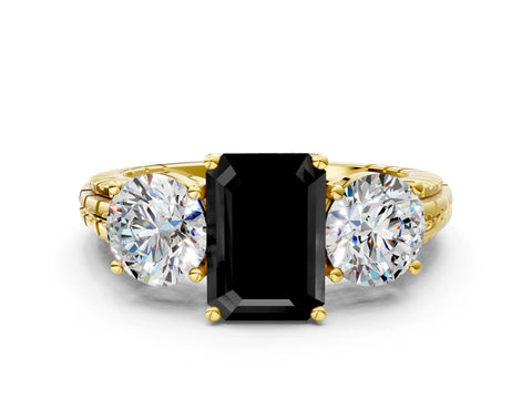 Yellow gold Three-Stone Fancy Black Emerald Cut Cut Diamond Ring with Channel-Set Band and Prong Setting