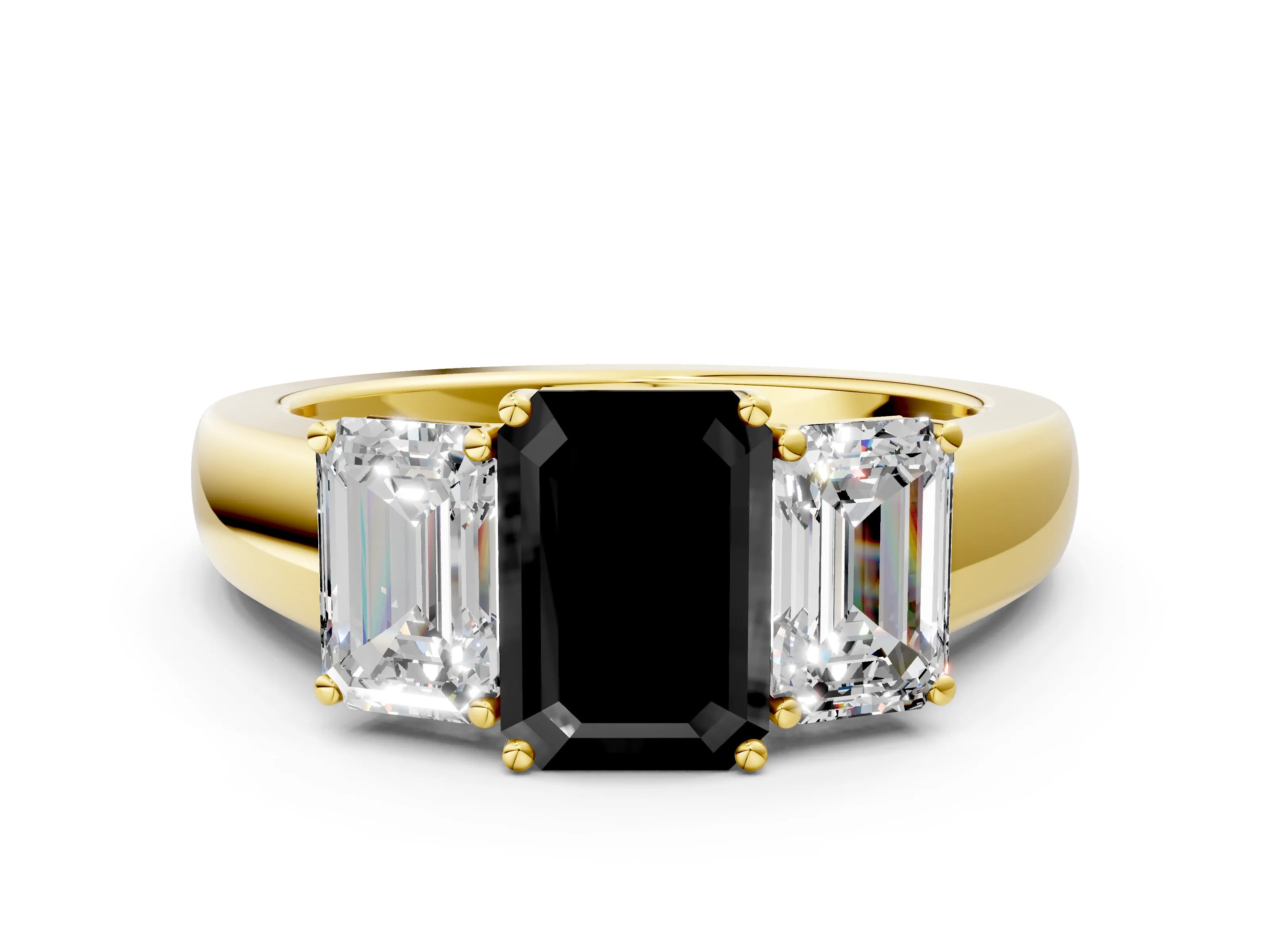 Yellow gold Three-Stone Fancy Black Emerald Cut Cut Diamond Ring with Prong Setting and Classic Band