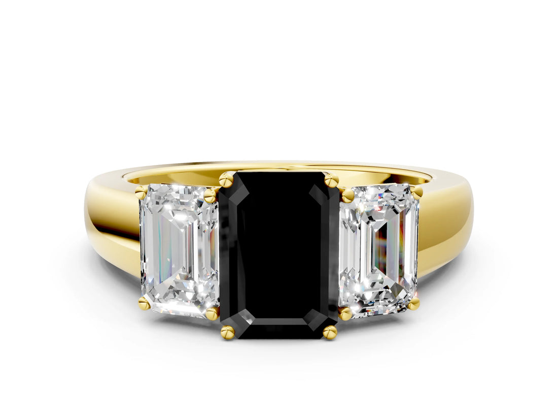 Yellow gold Three-Stone Fancy Black Emerald Cut Cut Diamond Ring with Prong Setting and Classic Band